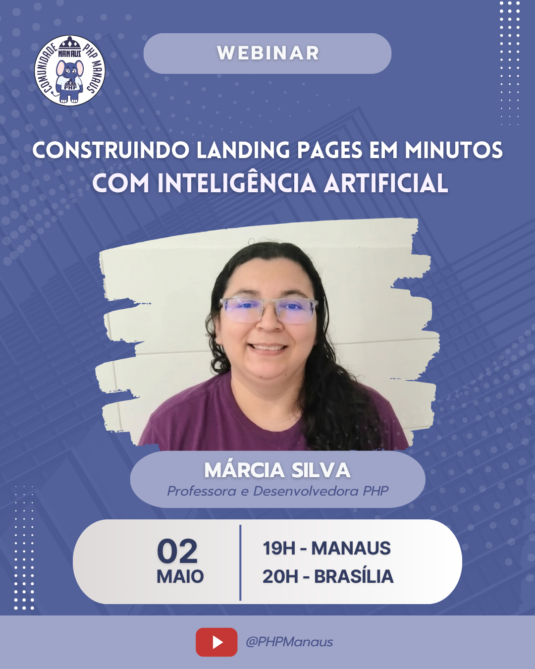 YouTube webinar preview with play button overlay and badge Ultimo webinar for Comunidade PHP Manaus